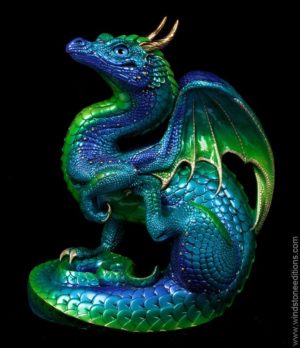 Windstone Editions collectible dragon figurine - Scratching Dragon - Emerald Peacock