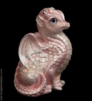 Fledgling Dragon fantasy figurine in Shell Pink with silver glass eyes, silver trim, and a clear crystal jewel. Hand-painted collectible by Windstone Editions.