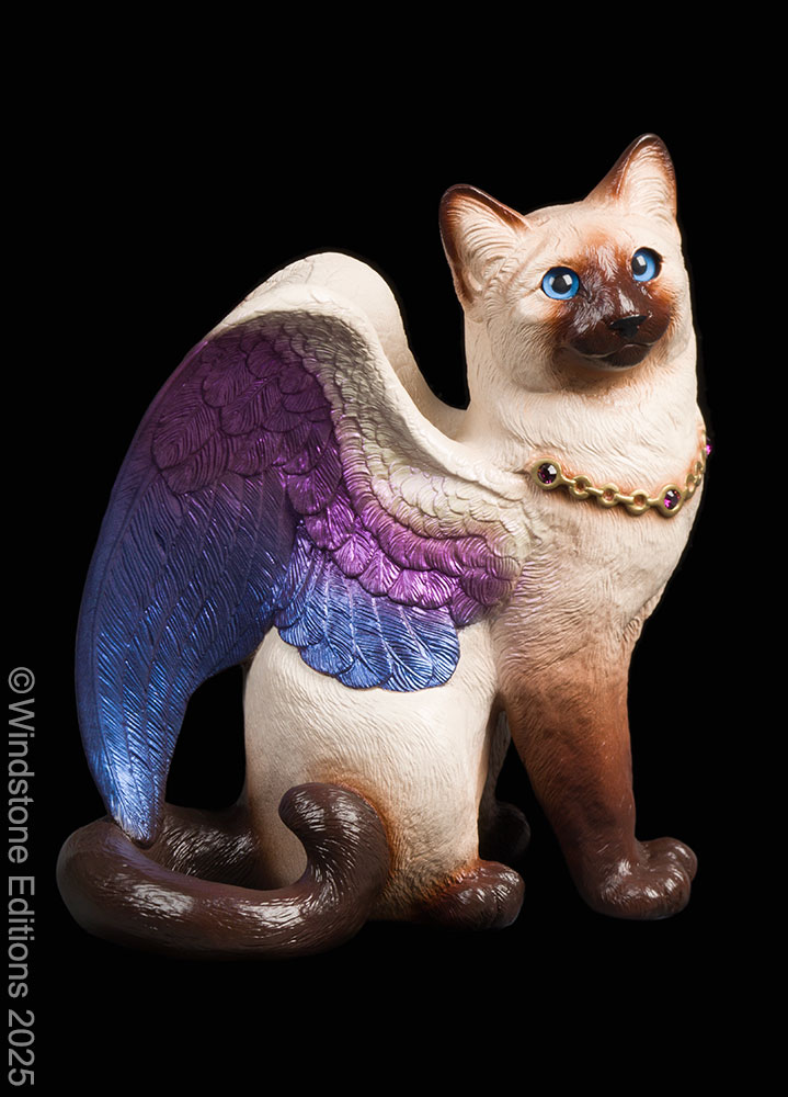 Large Bird Winged Flip Flap Cat fantasy figurine. Hand-painted collectable sculpture by Windstone Editions painted in tan with dark points and blue and purple wings.