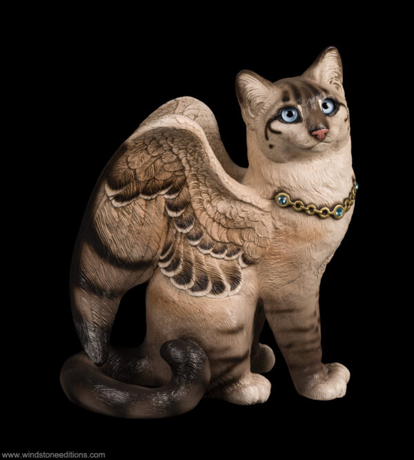 Large Bird-Winged Flip Flap Cat fantasy figurine hand-painted like a Lynx Point Siamese cat. Collectable sculpture by Windstone Editions
