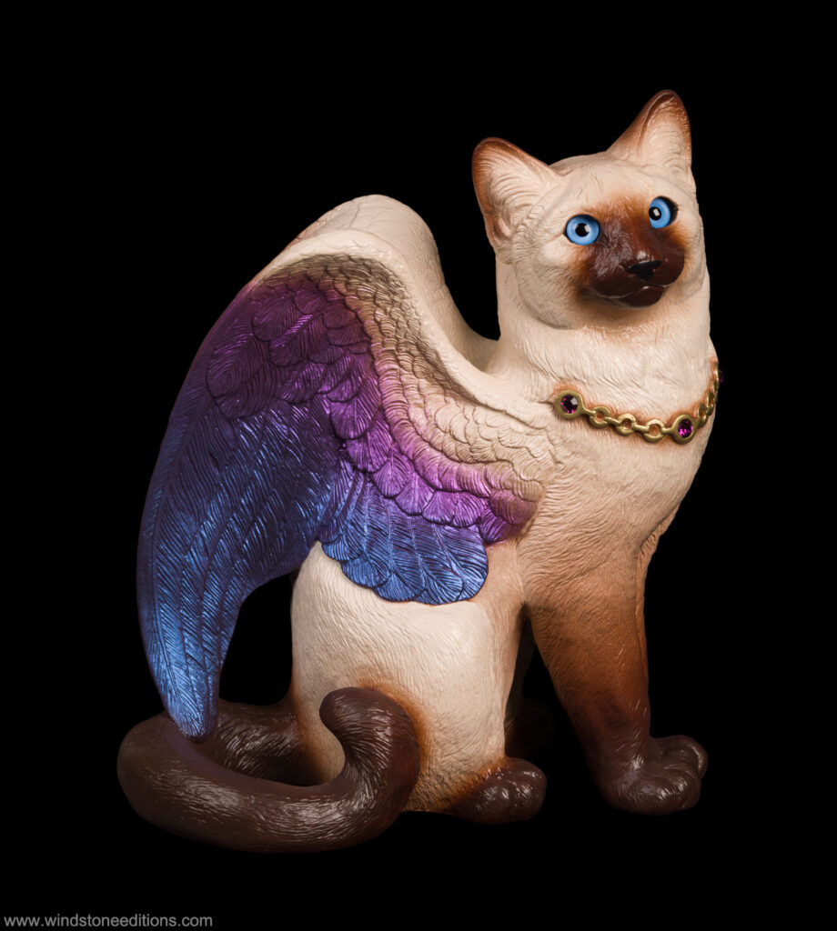 Large Flip-Flap Bird Winged Cat fantasy figurine. Hand-painted collectable sculpture in siamese with purple and blue wings by Windston Editions