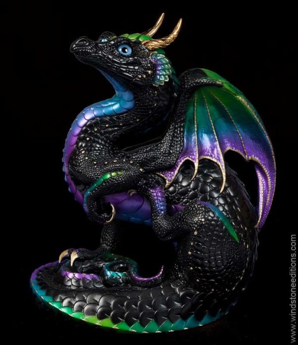 Windstone Editions collectible dragon figurine - Scratching Dragon - Black Violet Peacock
