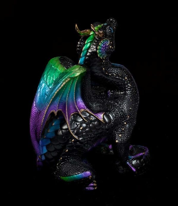 Windstone Editions collectible dragon figurine - Scratching Dragon - Black Violet Peacock
