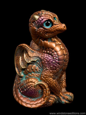 Baby Dragon fantasy figurine in Copper Patina with metallic teal glass eyes, teal-colored jewels, and gold trim. Hand-painted collectible by Windstone Editions.