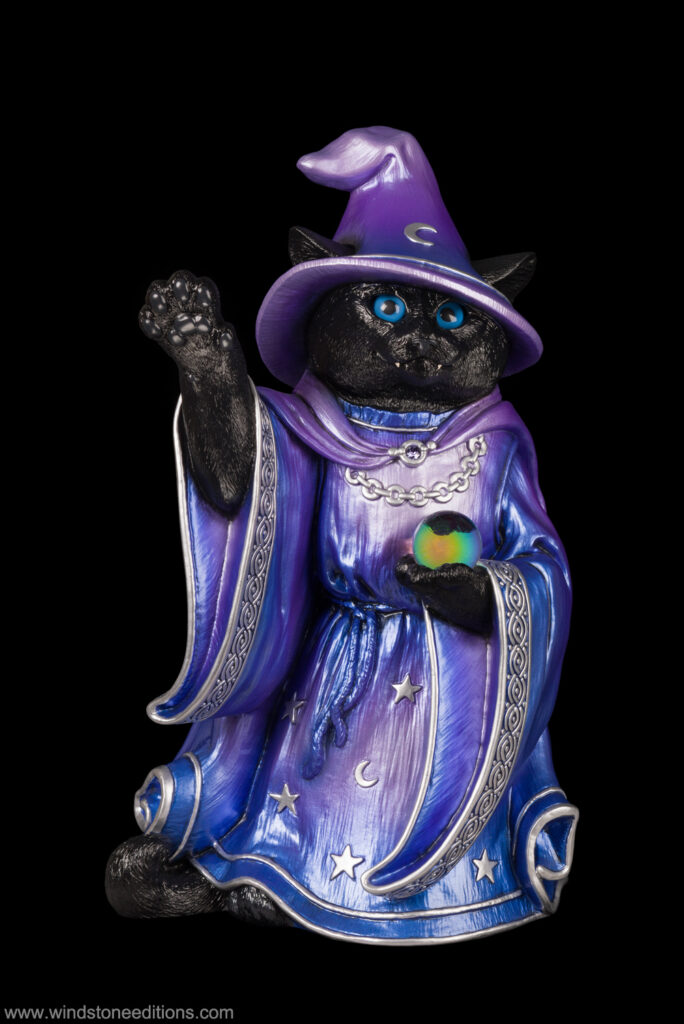 Cat Wizard fantasy figurine painted in tanzanite purple. Hand-painted collectable sculpture by Windstone Editions