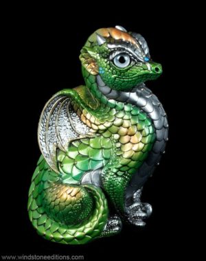 Fledgling Dragon fantasy figurine in green with copper accents, silver wings, metallic silver eyes, and jonquil-colored crystal. Hand-painted collectible sculpture by Windstone Editions.