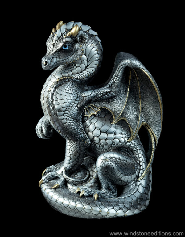 Secret Keeper Dragon fantasy figurine in silvery silver. Hand-painted collectible sculpture by Windstone Editions