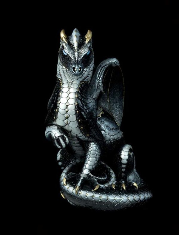 Windstone Editions collectable dragon sculpture - Secret Keeper - Silver (intense black version)