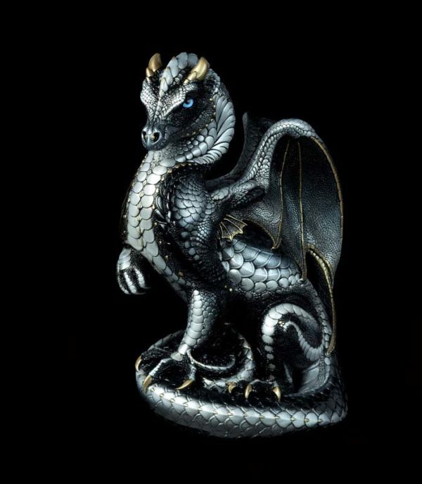 Windstone Editions collectible dragon figurine - Secret Keeper - Silver (intense black version)