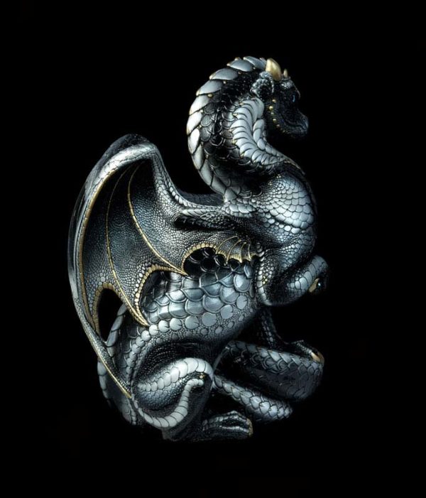 Windstone Editions collectible dragon figurine - Secret Keeper - Silver (intense black version)
