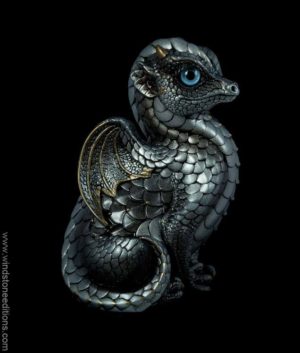 Fledgling Dragon fantasy figurine in Silver with light black shading, gold detailing, light blue glass eyes, and an aquamarine-colored crystal. Hand-painted collectible by Windstone Editions.