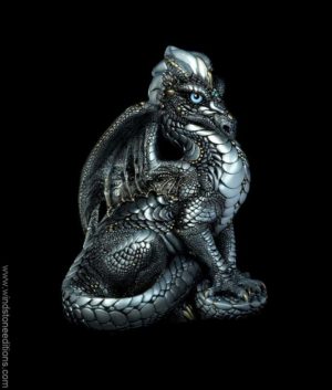 Male Dragon fantasy figurine in Silver with light black shading, gold detailing, light blue glass eyes, and aquamarine-colored crystals. Hand-painted collectible by Windstone Editions.