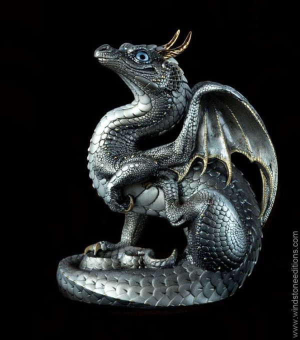 Windstone Editions collectible dragon figurine - Scratching Dragon - Silver (silvery version)