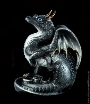 Windstone Editions collectible dragon figurine - Scratching Dragon - Silver (intense black version)