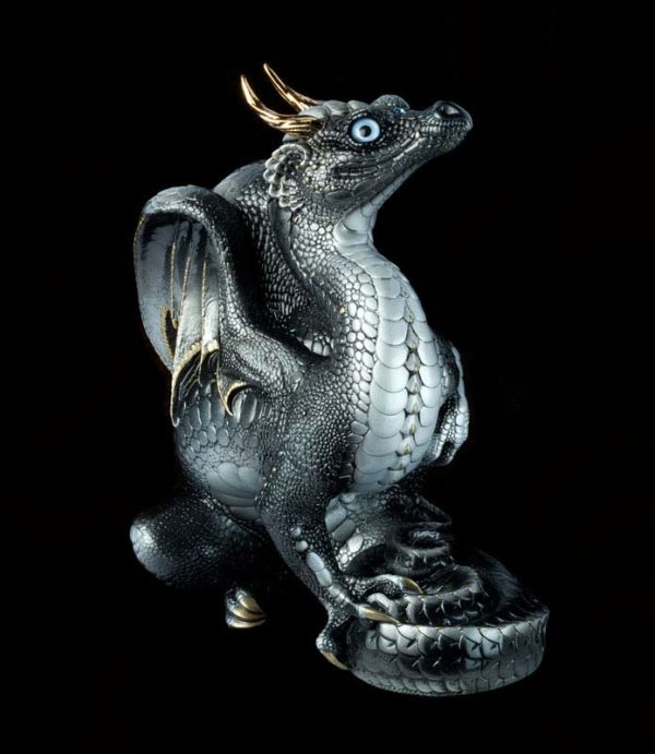 Windstone Editions collectable dragon sculpture - Scratching Dragon - Silver (intense black version)