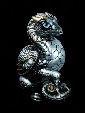 Windstone Editions collectable dragon sculpture - Mini Keeper Dragon - Silver (intense black version)