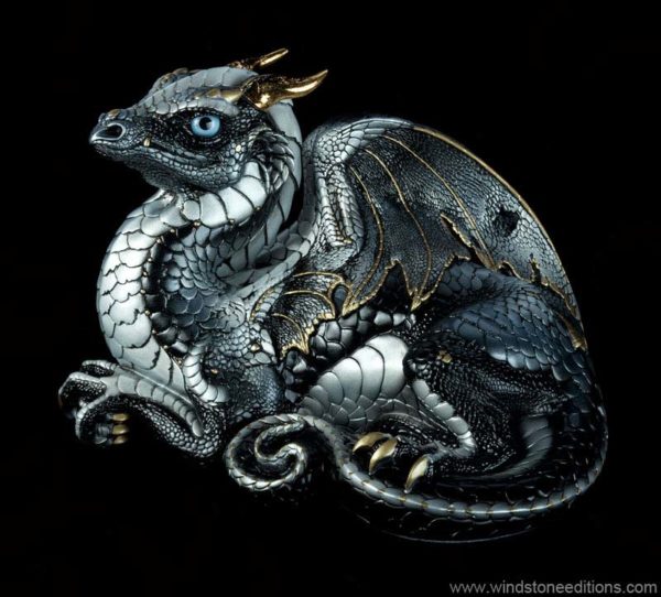 Windstone Editions collectible dragon figurine - Old Warrior Dragon - Silver (intense black version)