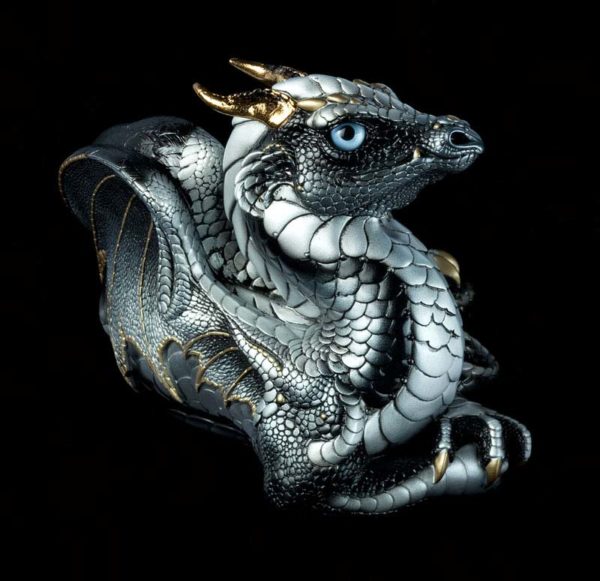 Windstone Editions collectable dragon sculpture - Old Warrior Dragon - Silver (intense black version)