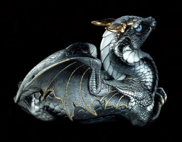 Windstone Editions collectible dragon figurine - Old Warrior Dragon - Silver (intense black version)