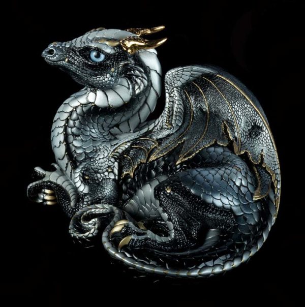 Windstone Editions collectable dragon sculpture - Old Warrior Dragon - Silver (intense black version)