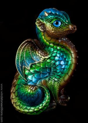 Fledgling Dragon in Prismatic Spring with rich brown, amber, green, and blue colors, metallic blue glass eyes, and a golden topaz jewel. Hand-painted collectible by Windstone Editions.