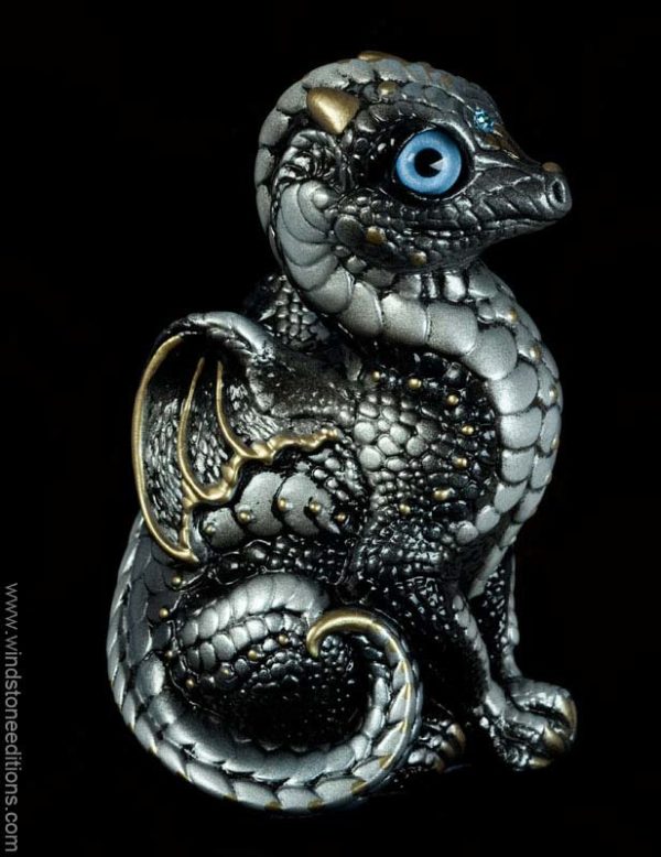 Windstone Editions collectible dragon figurine - Baby Dragon - Silver (intense black version)