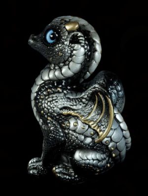 Windstone Editions collectable dragon sculpture - Baby Dragon - Silver (intense black version)