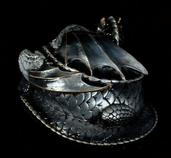 Windstone Editions collectible dragon figurine - Coiled Dragon - Silver (intense black version)