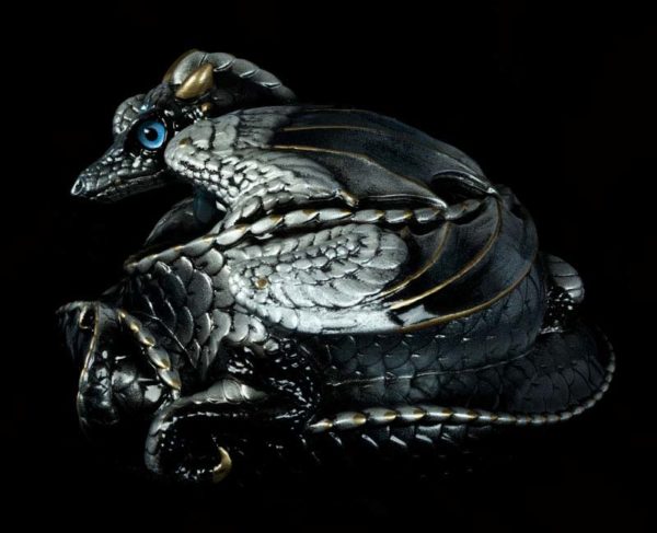 Windstone Editions collectable dragon sculpture - Coiled Dragon - Silver (intense black version)