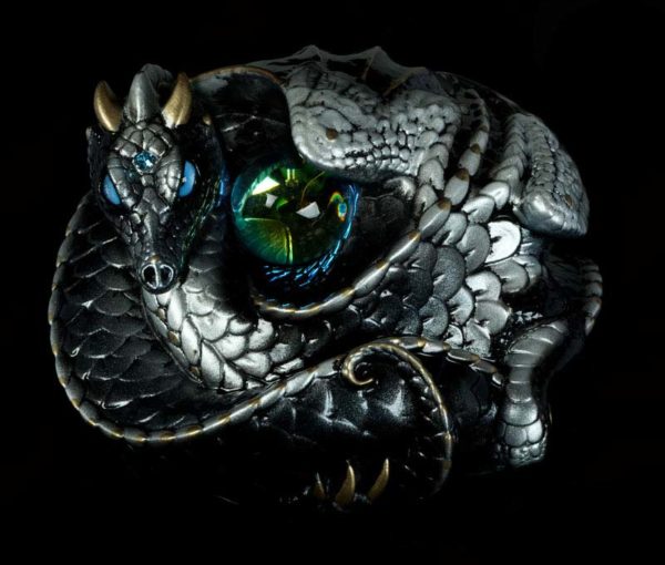 Windstone Editions collectible dragon figurine - Coiled Dragon - Silver (intense black version)