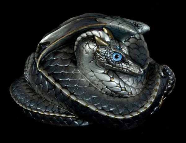 Windstone Editions collectable dragon sculpture - Coiled Dragon - Silver (silvery version)