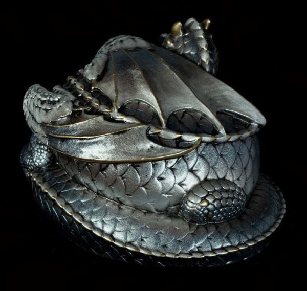 Windstone Editions collectible dragon figurine - Coiled Dragon - Silver (silvery version)