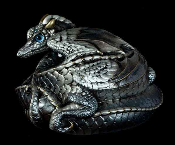 Windstone Editions collectable dragon sculpture - Coiled Dragon - Silver (silvery version)