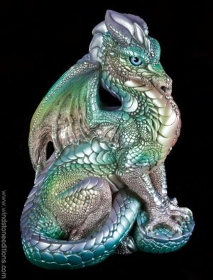 Male Dragon fantasy figurine in Pastel Rainbow with silver detailing, light blue eyes, crystal-colored jewels, and glossy finish. Hand-painted collectible by Windstone Editions.