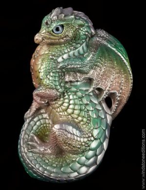 Young Dragon fantasy figurine in Pastel Rainbow with silver detailing, light blue glass eyes, and crystal-colored jewels. Hand-painted collectible by Windstone Editions.