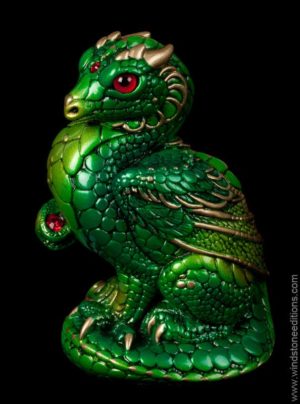 Mini Keeper Dragon fantasy figurine in emerald with red glass eyes and red-colored jewels. Hand-painted collectible sculpture by Windstone Editions.