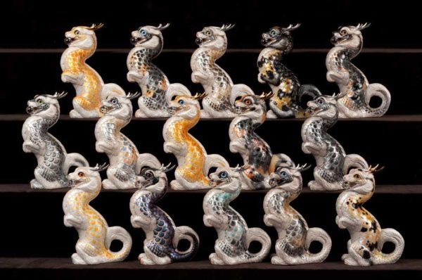 Windstone Editions collectable dragon sculptures - Sitting Young Oriental Dragon - Grab Bag Edition - Koi Colors