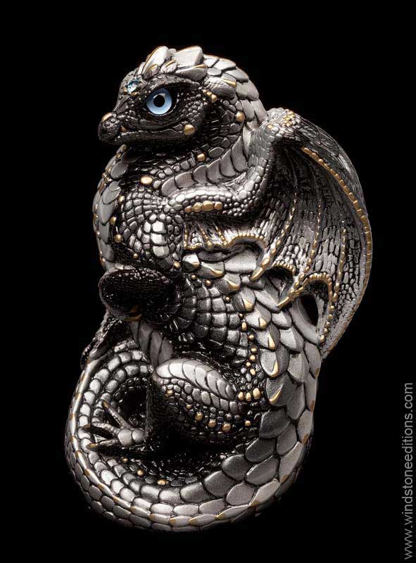 Windstone Editions collectible dragon figurine - Young Dragon - Silver (intense black version)
