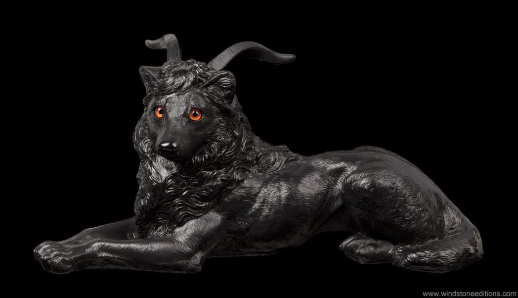 Horned Rebel Demon Wolf fantasy figurine in solid black with orange eyes and black pewter horns. Hand-painted collectible sculpture by Windstone Editions, featuring the character "Sir Garlen" from The Veligent.