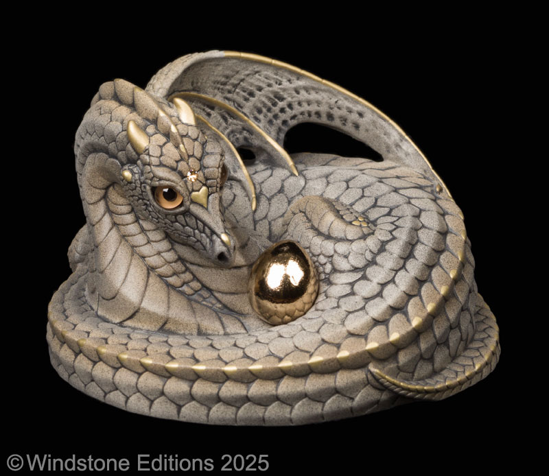Mother Coiled Dragon fantasy figurine. Hand-painted collectable sculpture by Windstone Editions painted in stone color with a gold plated pewter egg.