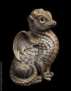 Fledgling Dragon fantasy figurine in Stone with tan glass eyes and a light topaz-colored jewel. Hand-painted collectible by Windstone Editions.