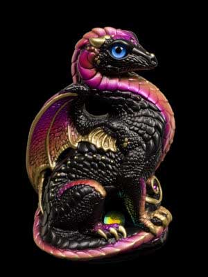 Bantam Dragon fantasy figurine in Black Gold with blue glass eyes, amethyst-colored jewels, and dichroic crystal globe. Hand-painted collectible by Windstone Editions.