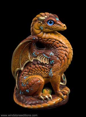 Bantam Dragon fantasy figurine in Brown with blue glass eyes and blue zircon-colored jewels. Hand-painted collectible sculpture by Windstone Editions