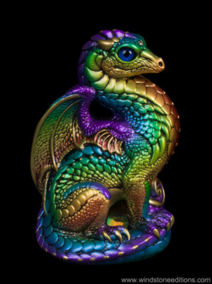 Bantam Dragon fantasy figurine in Rainbow with dark blue glass eyes, light topaz-colored jewels, and a dichroic crystal globe. Hand-painted collectible by Windstone Editions.