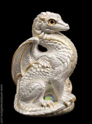 Bantam Dragon fantasy figurine in White with light yellow glass eyes, clear crystal jewels, and a dichroic crystal globe. Hand-painted collectible by Windstone Editions.