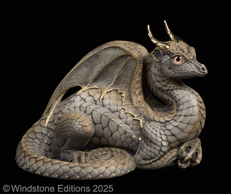 Lap Dragon fantasy figurine. Hand-painted collectable sculpture by Windstone Editions painted in stone color with gold plated pewter horns