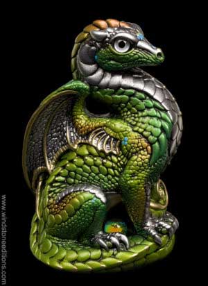 Bantam Dragon fantasy figurine in Elven with silver glass eyes, Jonquil-colored jewels, and a dichroic crystal globe. Hand-painted collectible by Windstone Editions.