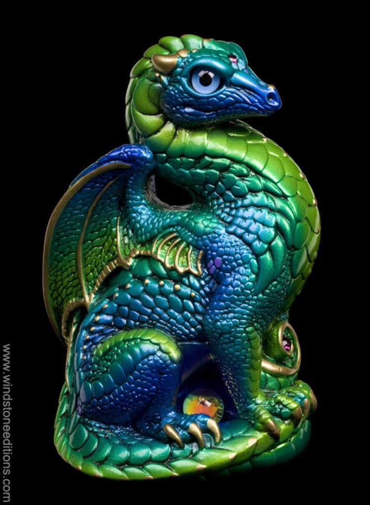 Bantam Dragon fantasy figurine in Emerald Peacock with blue eyes, amethyst-colored jewels, and dichroic crystal globe. Hand-painted collectible by Windstone Editions.