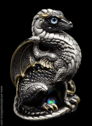 Bantam Dragon fantasy figurine in Silver with intense black contrast, gold detailing, light blue glass eyes, and aquamarine-colored jewels. Hand-painted collectible by Windstone Editions.