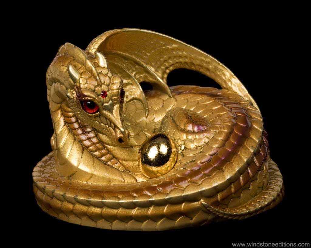 Mother Coiled Dragon fantasy figurine in Gold with red glass eyes, red-colored jewel, and gold-plated pewter egg. Hand-painted collectible by Windstone Editions.